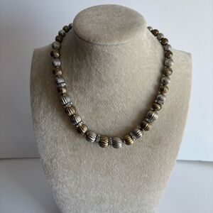 Kim Rogers Two Tone Ribbed Bead Necklace Gold Silver Statement 16”